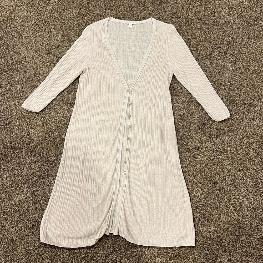 Eileen Fisher Button Down Cardigan Duster Ribbed Beige Women’s XL Organic Linen